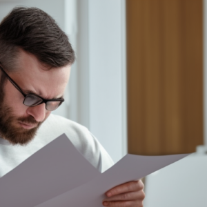 man looking at paper worried regarding the strike off of his company