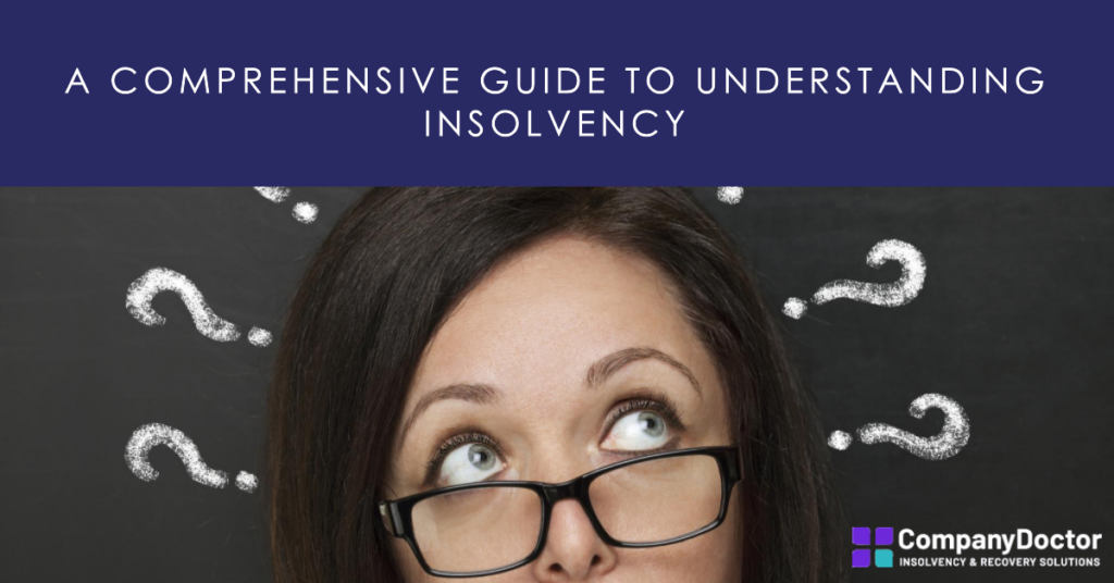 a woman with question marks around her thinking about insolvency
